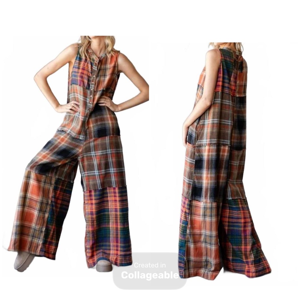 Oli & Hali Women’s Washed Multicolor Plaid Jumpsuit Sz M Patchwork